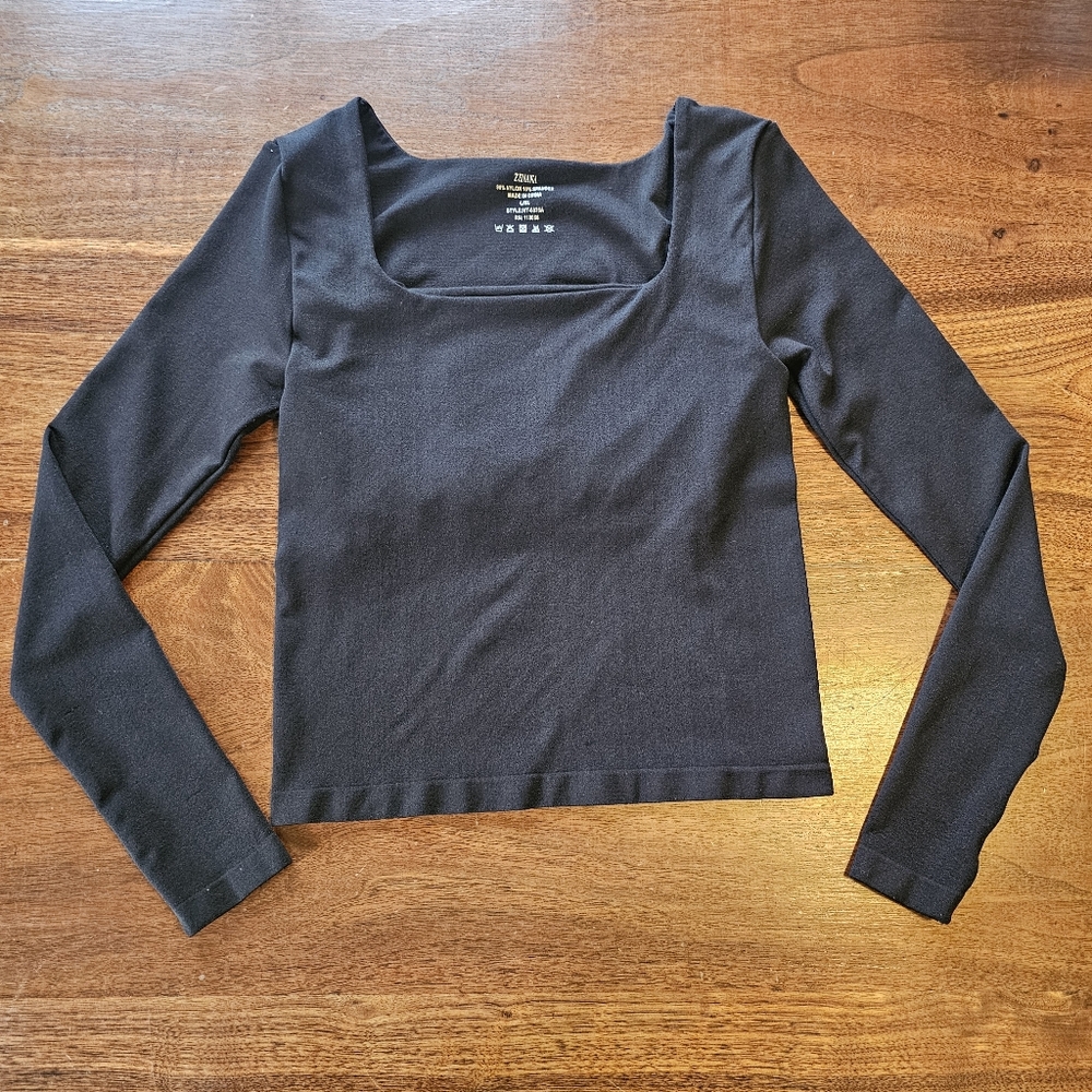Zenana Fitted Black Long Sleeve Top With Square Neck Size L/XL